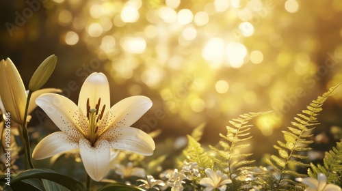 Wallpaper Mural A serene garden scene with blooming lilies and ferns, bathed in golden, soft sunlight with Torontodigital.ca