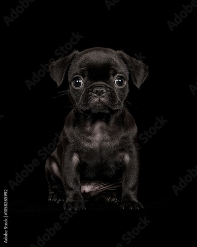 the baby Pug front view, white copy space on right, Isolated on black Background