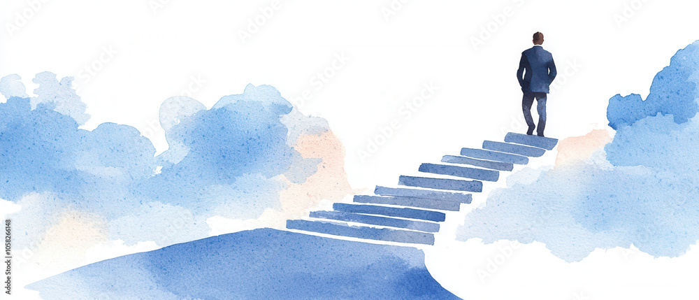 A solitary figure stands at the top of a staircase leading into a serene, cloudy sky, symbolizing aspiration and journeys. A solitary figure stands at the top of a staircase leading into a serene, cloudy sky, symbolizing aspiration and journeys.