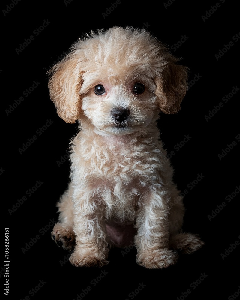 the baby Poodle front view, white copy space on right, Isolated on black Background the baby Poodle front view, white copy space on right, Isolated on black Background