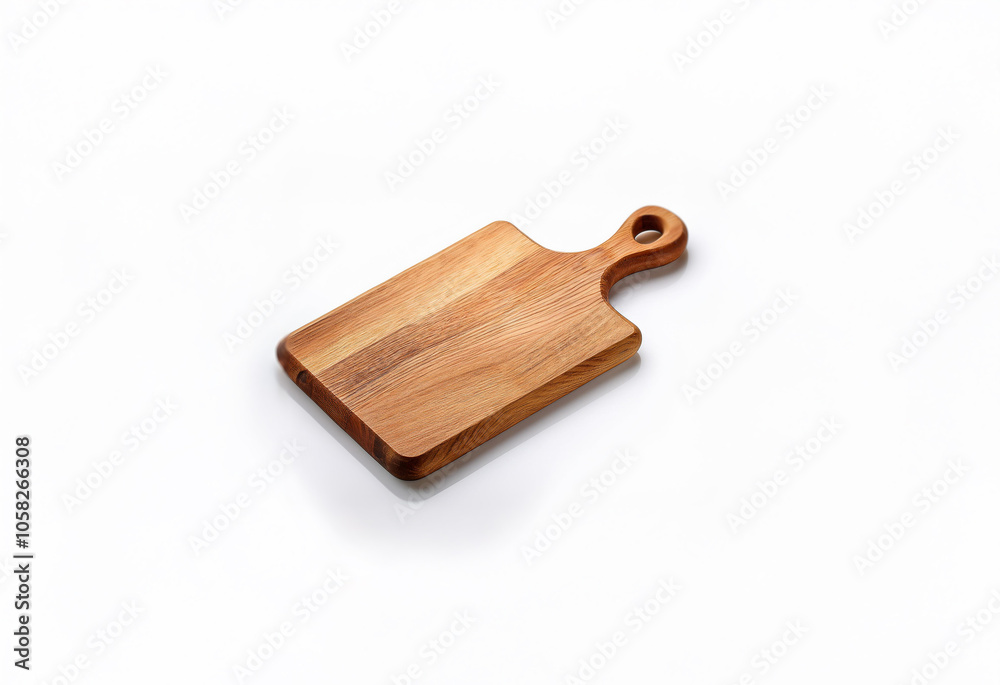 A small, rectangular wooden cutting board with a single handle on the top. A small, rectangular wooden cutting board with a single handle on the top.
