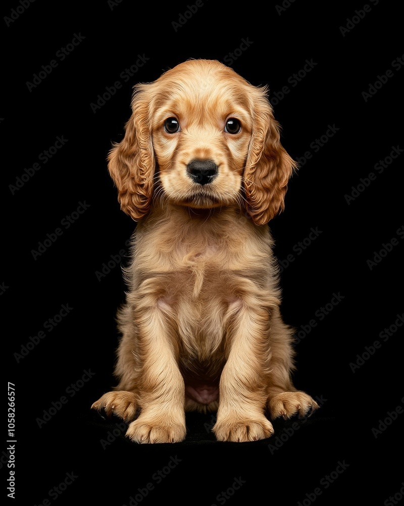 the baby Cocker Spaniel front view, white copy space on right, Isolated on black Background the baby Cocker Spaniel front view, white copy space on right, Isolated on black Background