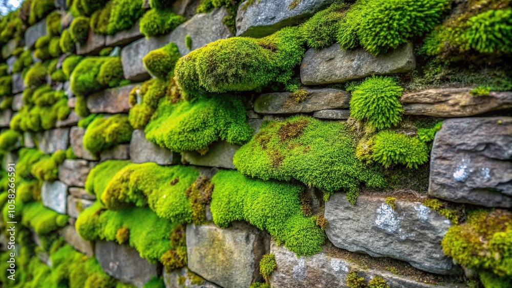 a green mossy patch on an old stone wall, moss, growth, lush, slime, outdoor