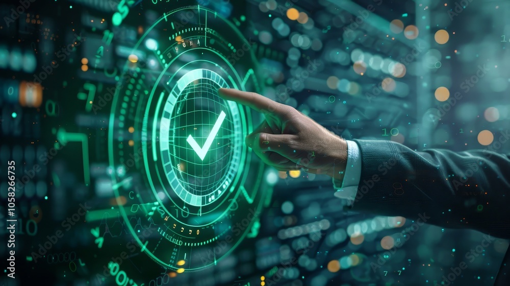 Businessman hand touch a virtual checkmark icon hologram in screen Businessman hand touch a virtual checkmark icon hologram in screen