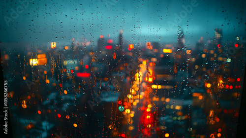 Close-Up of Raindrops on a Window with a Blurry Cityscape in the Background 