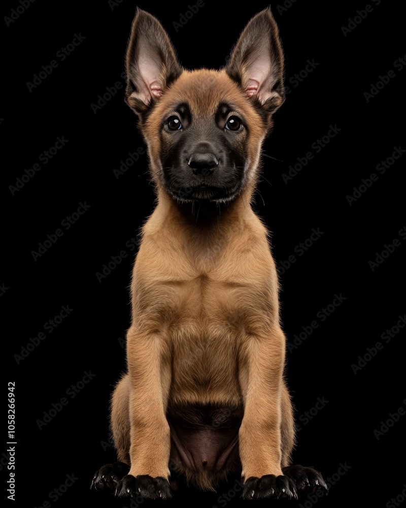 the baby Belgian Malinois front view, white copy space on right, Isolated on black Background the baby Belgian Malinois front view, white copy space on right, Isolated on black Background