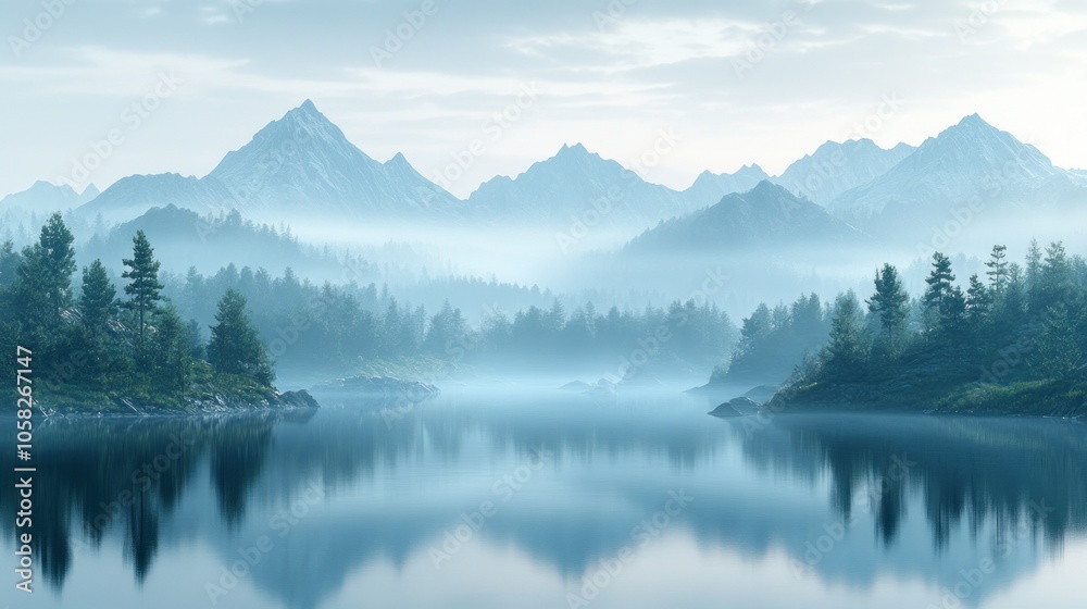 A serene mountain lake shrouded in mist with the reflection of the mountains in the water. A serene mountain lake shrouded in mist with the reflection of the mountains in the water.