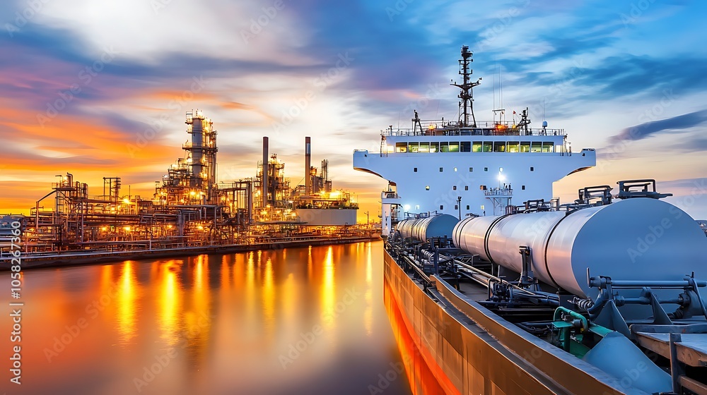 At a bustling processing plant, a fuel tanker is seen connected to a loading dock, with pipelines transferring fuel with precision and efficiency