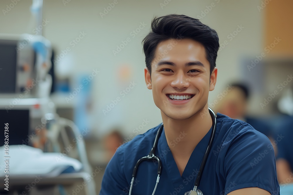 Young male nurse smiling wearing blue scrubs with stethoscope in busy hospital room Young male nurse smiling wearing blue scrubs with stethoscope in busy hospital room