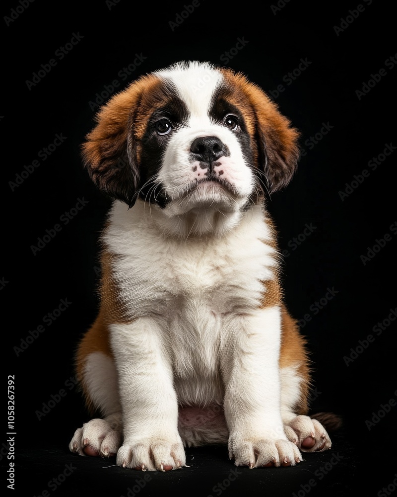 the baby Saint Bernard front view, white copy space on right, Isolated on black Background the baby Saint Bernard front view, white copy space on right, Isolated on black Background