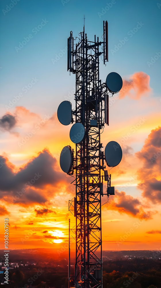 Photo - Sunset with Communication Tower Silhouette and Orange Sky Photo - Sunset with Communication Tower Silhouette and Orange Sky