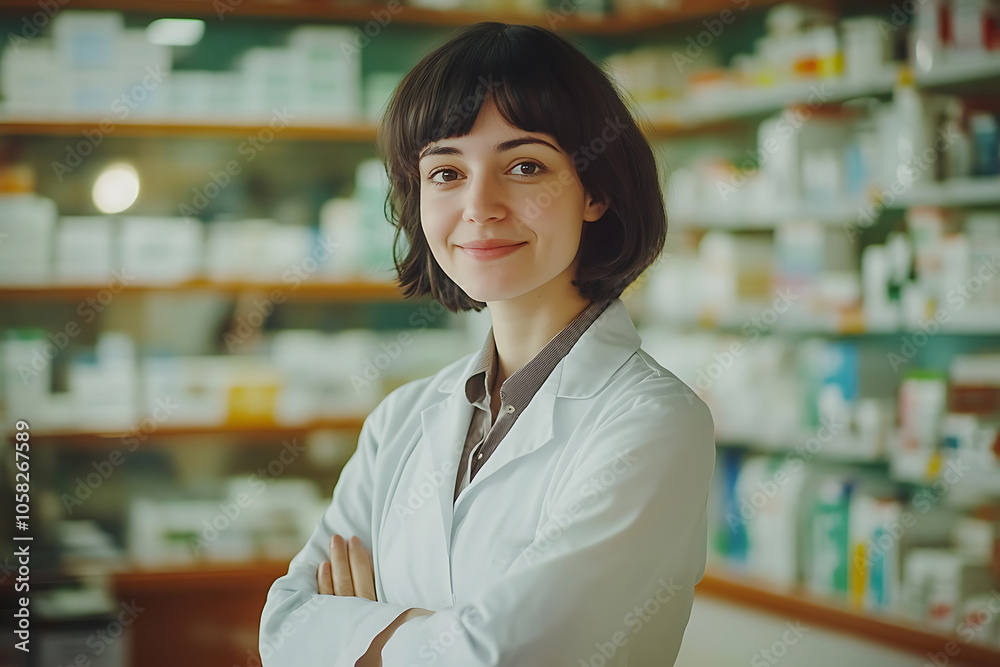 Young female pharmacist smiling with crossed arms, posing in a pharmacy full of medicines Young female pharmacist smiling with crossed arms, posing in a pharmacy full of medicines
