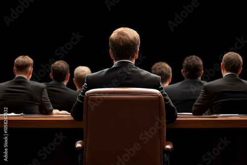 Group of business professionals in a meeting room with a dark background.