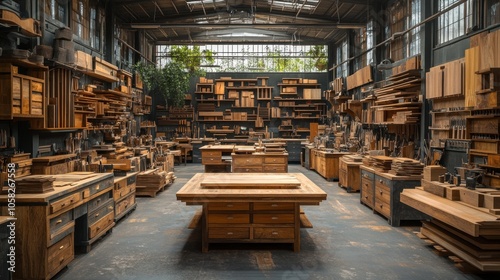 Wallpaper Mural Spacious woodworking shop filled with tools and wooden materials. Torontodigital.ca