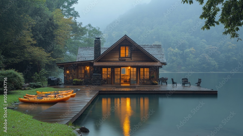 Obraz premium Cozy lakeside cabin surrounded by misty mountains at dusk.