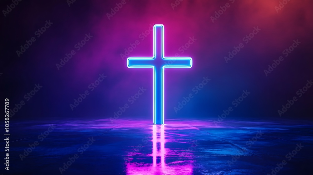 Vibrant Neon Cross: This captivating stock photo features a neon cross illuminated in a mesmerizing blue and purple glow Vibrant Neon Cross: This captivating stock photo features a neon cross illuminated in a mesmerizing blue and purple glow