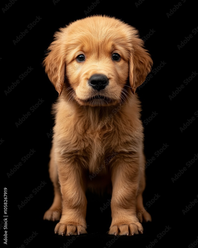the baby - - Golden Retriever front view, white copy space on right, Isolated on black Background the baby - - Golden Retriever front view, white copy space on right, Isolated on black Background