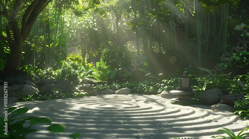 A tranquil, sunlit garden space with a spiral path on sandy ground, surrounded by lush greenery and rays of sunlight filtering through trees.