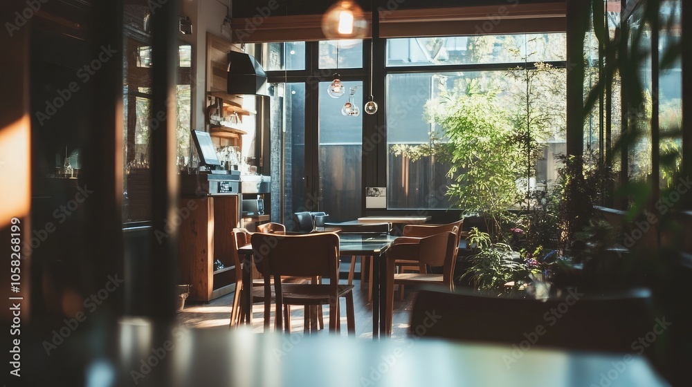 Fototapeta premium Cozy Café Interior with Natural Light and Greenery