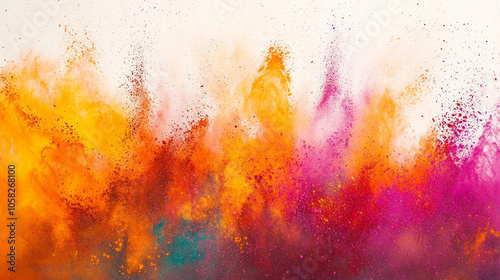 Holi color powder explosion in a rainbow of colors against a clean white background. colorful paint color powder explosion isolated white panorama background. Vibrant explosion of colorful powder. 