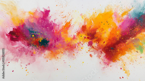 Holi color powder explosion in a rainbow of colors against a clean white background. colorful paint color powder explosion isolated white panorama background. Vibrant explosion of colorful powder. 