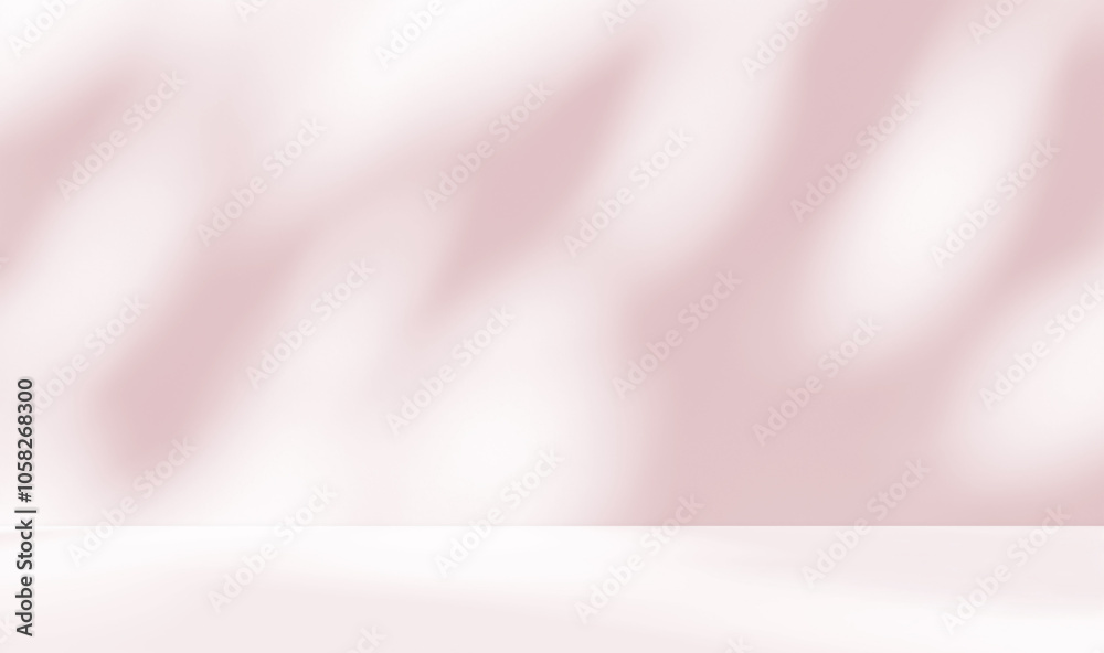 Fototapeta premium Empty brownish with pink undertone room studio with sunlight effect shadow for product presentation. Minimal backdrop design. Cosmetic, beauty and fashion showroom. Summer background mock up. 