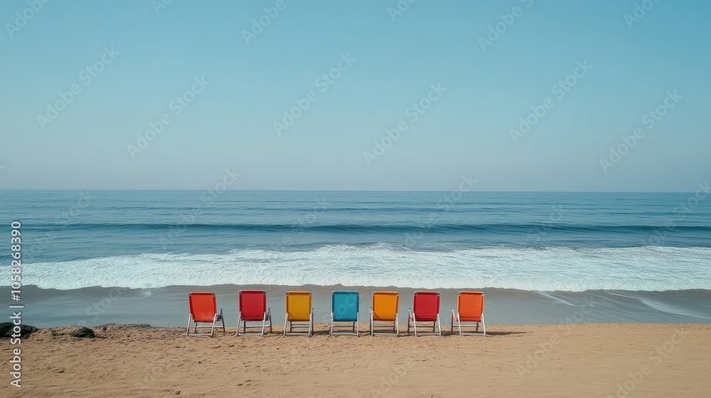 Colorful Beach Chairs Facing the Ocean Waves Colorful Beach Chairs Facing the Ocean Waves
