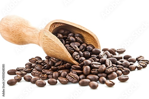 Roasted coffee beans spilling from wooden scoop on white background