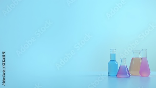 Colorful Glass Laboratory Equipment With Liquids Arranged on a Table Against a Soft Blue Background