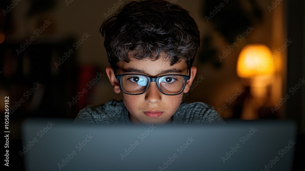 A focused boy with glasses is intently looking at a laptop screen in a dimly lit room, emphasizing concentration and technology use. A focused boy with glasses is intently looking at a laptop screen in a dimly lit room, emphasizing concentration and technology use.
