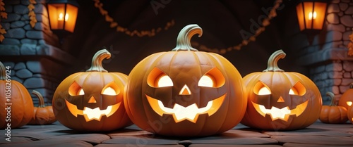 Carved pumpkins with glowing faces in a spooky halloween setting photo