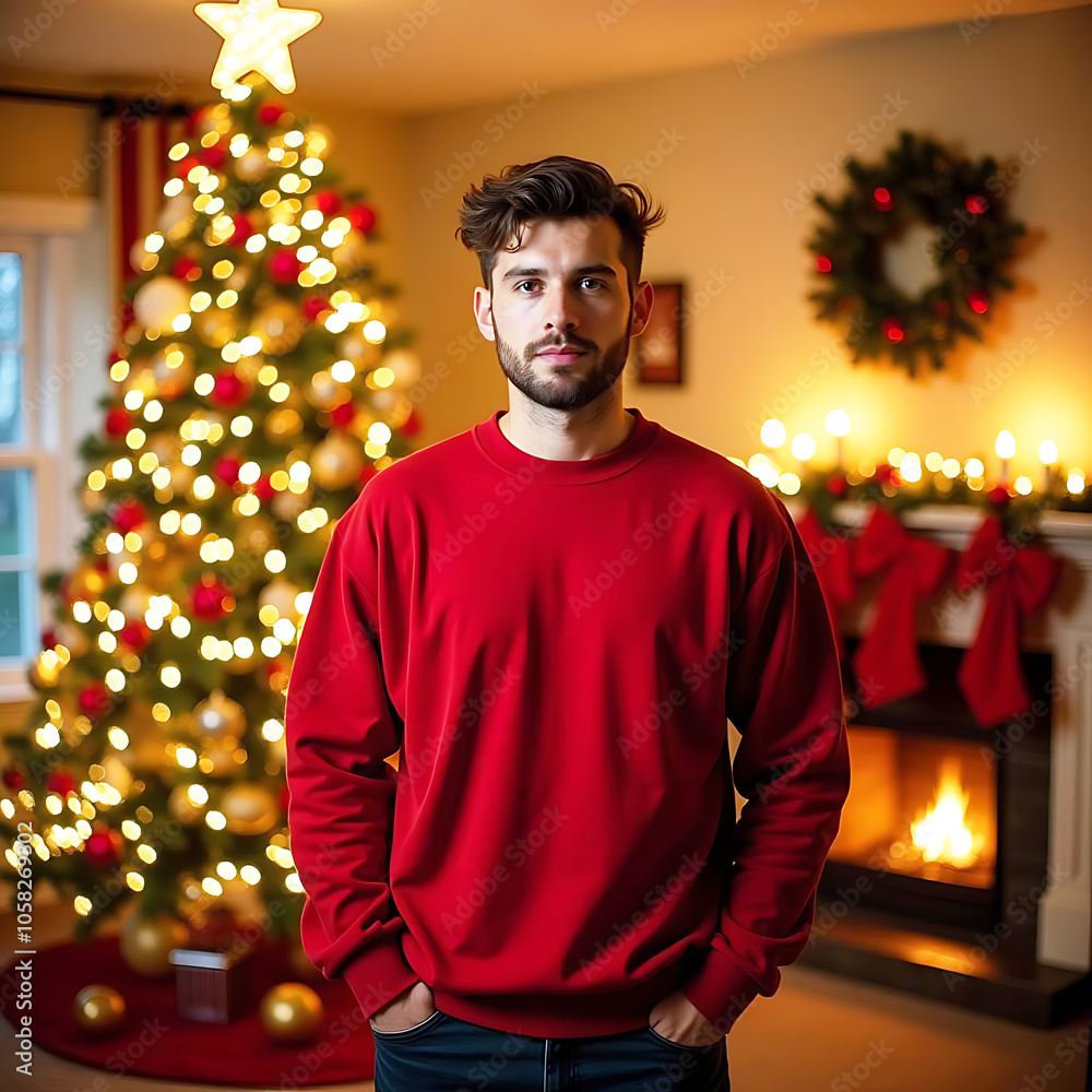 Christmas Red Sweatshirt Mockup on male model template. Christmas Red Sweatshirt Mockup on male model template.