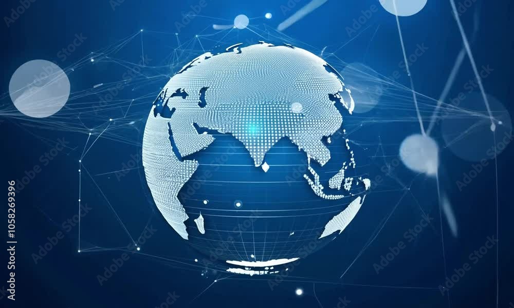 Abstract digital globe surrounded by white lines on a blue background.
