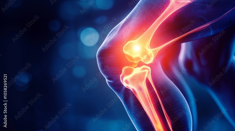 Illustration of human knee pain, with a blue background and a glowing red and orange area around the joint in focus Illustration of human knee pain, with a blue background and a glowing red and orange area around the joint in focus