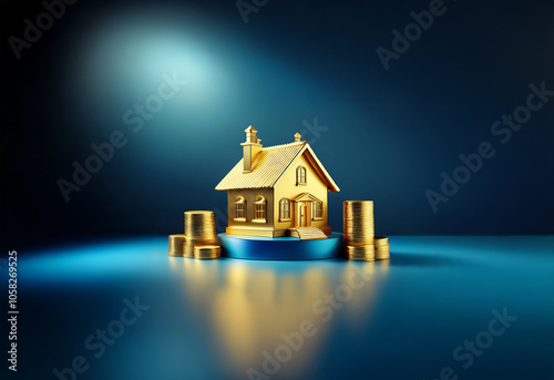 A golden house model sits on a blue platform surrounded by gold coins against a dark blue background. photo