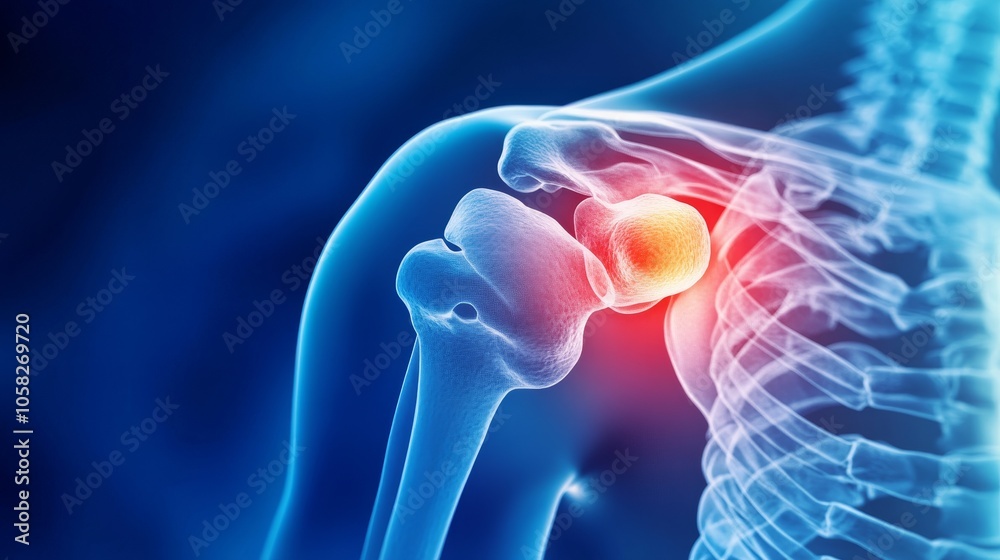 Illustration of human shoulder pain, with a blue background and a glowing red and orange area around the joint in focus. Illustration of human shoulder pain, with a blue background and a glowing red and orange area around the joint in focus.