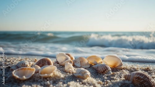 Close-up shot of seashells on a tranquil beach with calm waves in the background and a clear