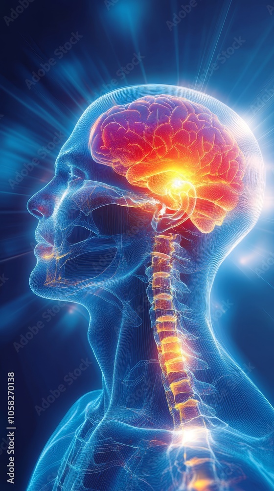 Illustration of human head pain, with a blue background and a glowing red and orange area around the joint in focus Illustration of human head pain, with a blue background and a glowing red and orange area around the joint in focus