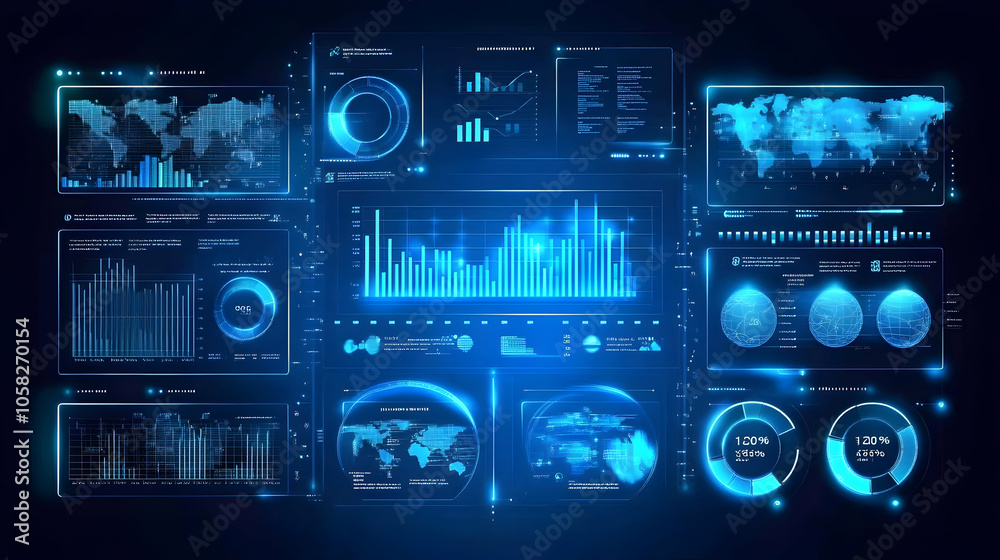Obraz premium Futuristic digital interface with glowing blue graphics and data visualizations.