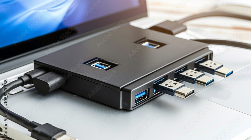 A Sleek USB hub with multiple ports connected to various devices, showcasing modern design and functionality in a tech-focused setup. A Sleek USB hub with multiple ports connected to various devices, showcasing modern design and functionality in a tech-focused setup.