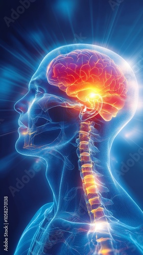 Illustration of human head pain, with a blue background and a glowing red and orange area around the joint in focus