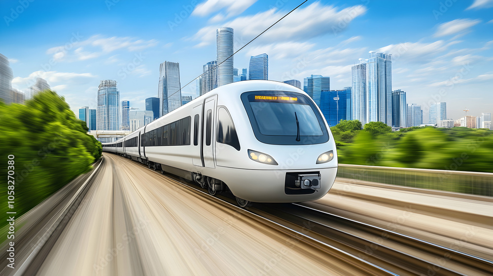 Naklejka premium Modern high-speed train traveling through urban landscape.