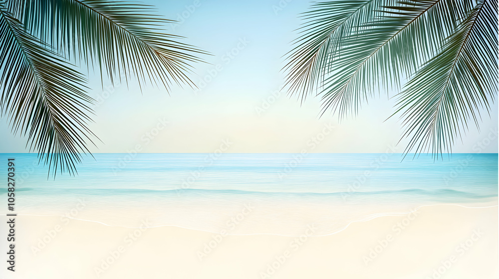Palm leaves frame a serene tropical beach scene with a soft blue ocean and white sand. Palm leaves frame a serene tropical beach scene with a soft blue ocean and white sand.