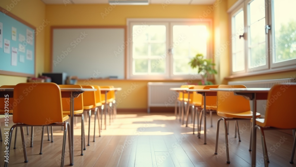 Fototapeta premium Bright and Inviting Classroom With Empty Yellow Chairs During Morning Light in a Primary School Setting