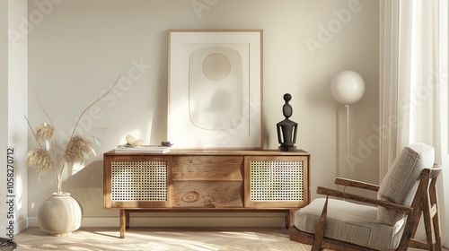 Modern beige living room interior design with sculpture, poster frame, wooden sideboard, and accessories. photo