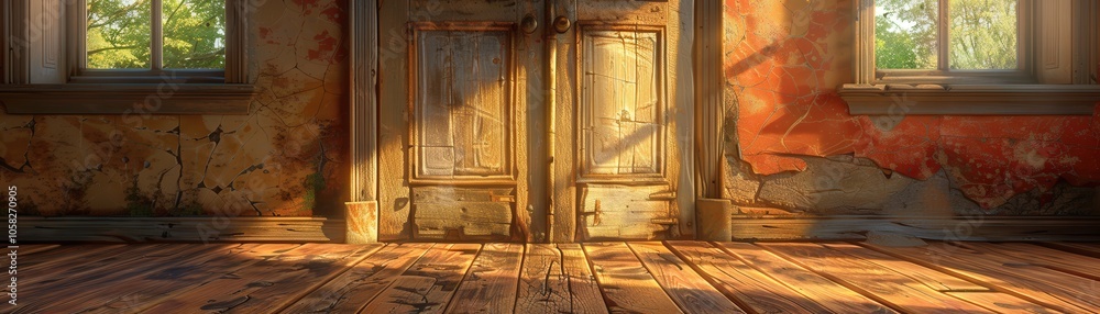A room with a door and two windows A room with a door and two windows