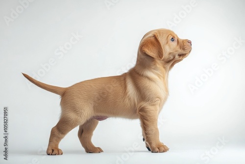 the beside view baby Labrador Retriever standing, left side view, low angle, white copy space on right, Isolated on White Background