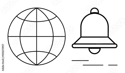 Globe icon representing worldwide or global themes alongside a notification bell suggesting alerts or reminders. Ideal for global reach, notifications, online services, messaging alerts, website