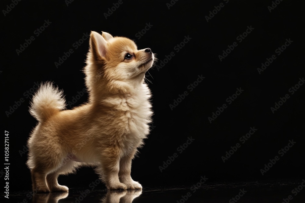 Obraz premium the beside view baby Pomeranian standing, left side view, low angle, white copy space on right, Isolated on black Background