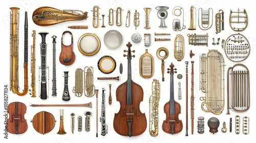 A collection of various musical instruments, including woodwind, brass, string, and percussion, laid out on a white background.